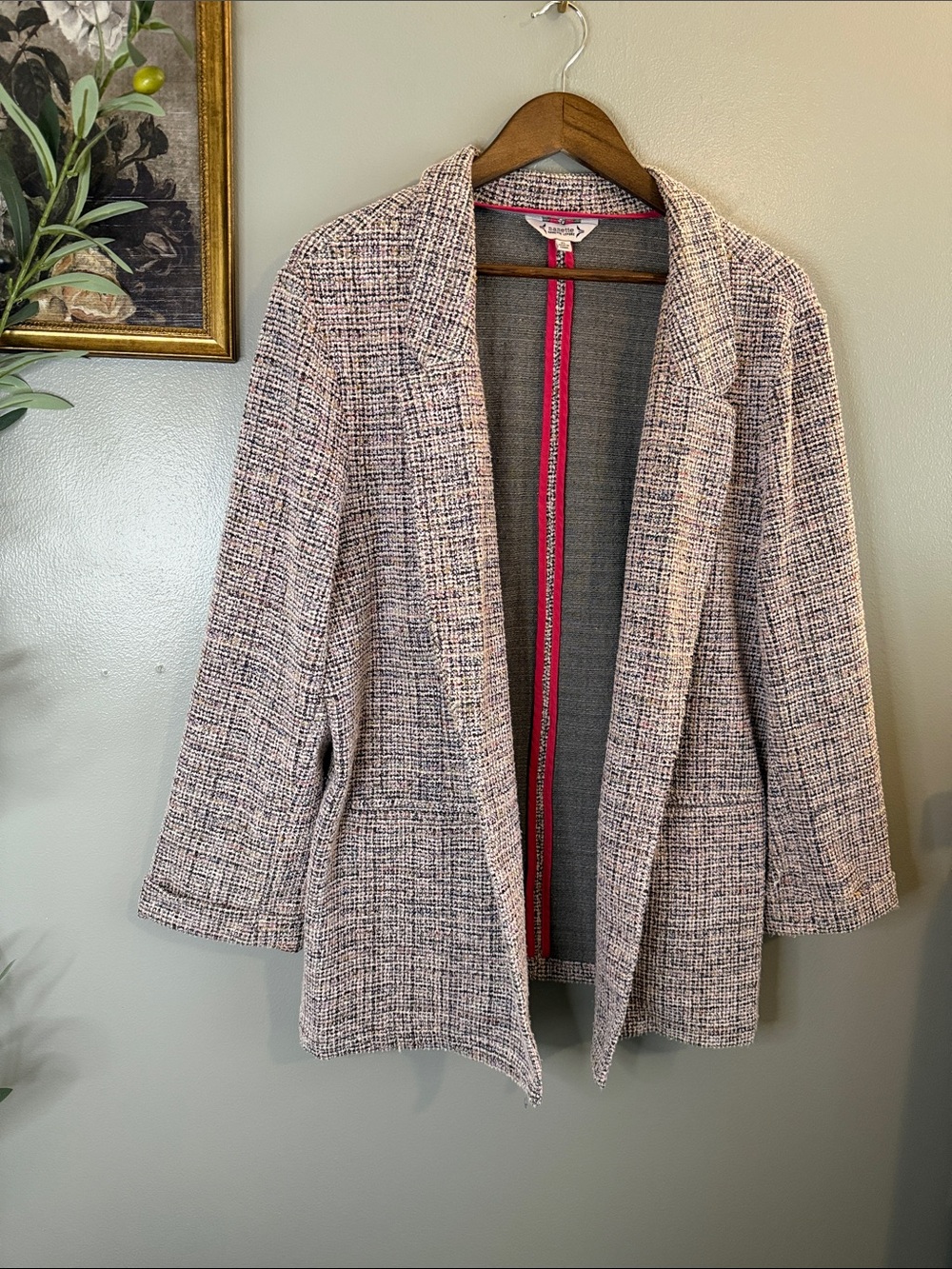 Nanette Lepore XL Boucle Tweed Blazer Jacket Pink Black Open Front Career Chic - Picture 5 of 8